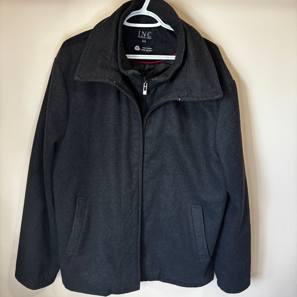 INC International Concepts Men’s XL Black Wool Blend Jacket Pea Coat Front Zip